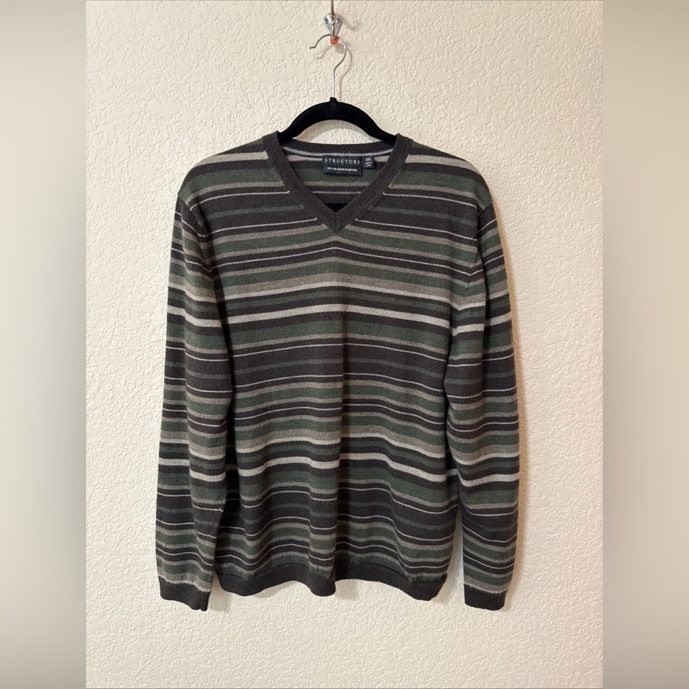 Structure Mens Striped Fine Italian Merino Wool V Neck Pullover Sweater Sz XXL